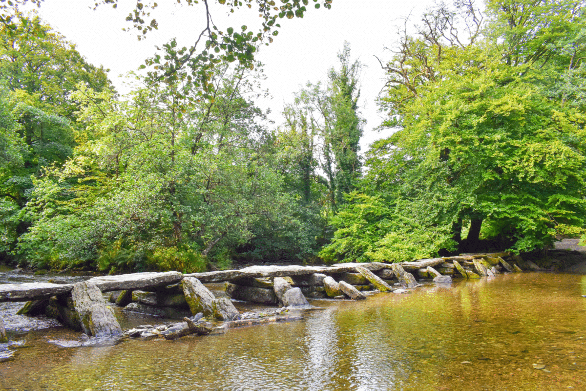 The Tarr Steps clapper bridge seen from river level on the River Barle in Exmoor, with lush green trees reflected in the shallow, amber-tinted water.