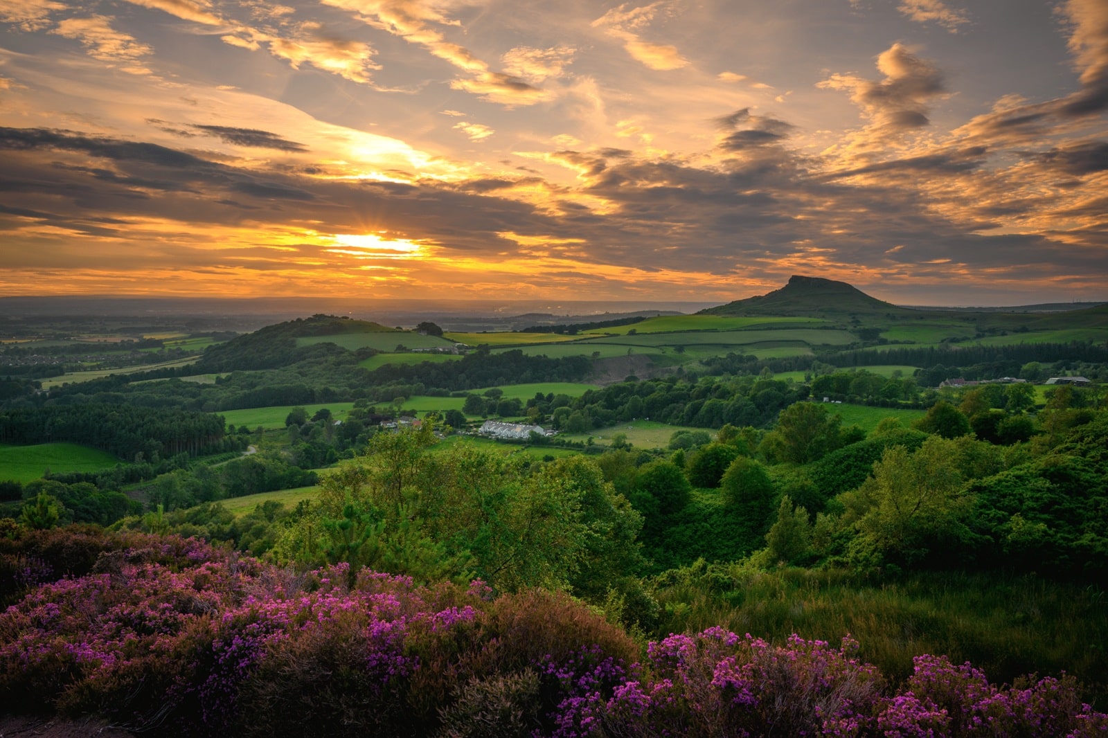 Sunrise view over Roseberry Topping on a dog-friendly walk in North Yorkshire