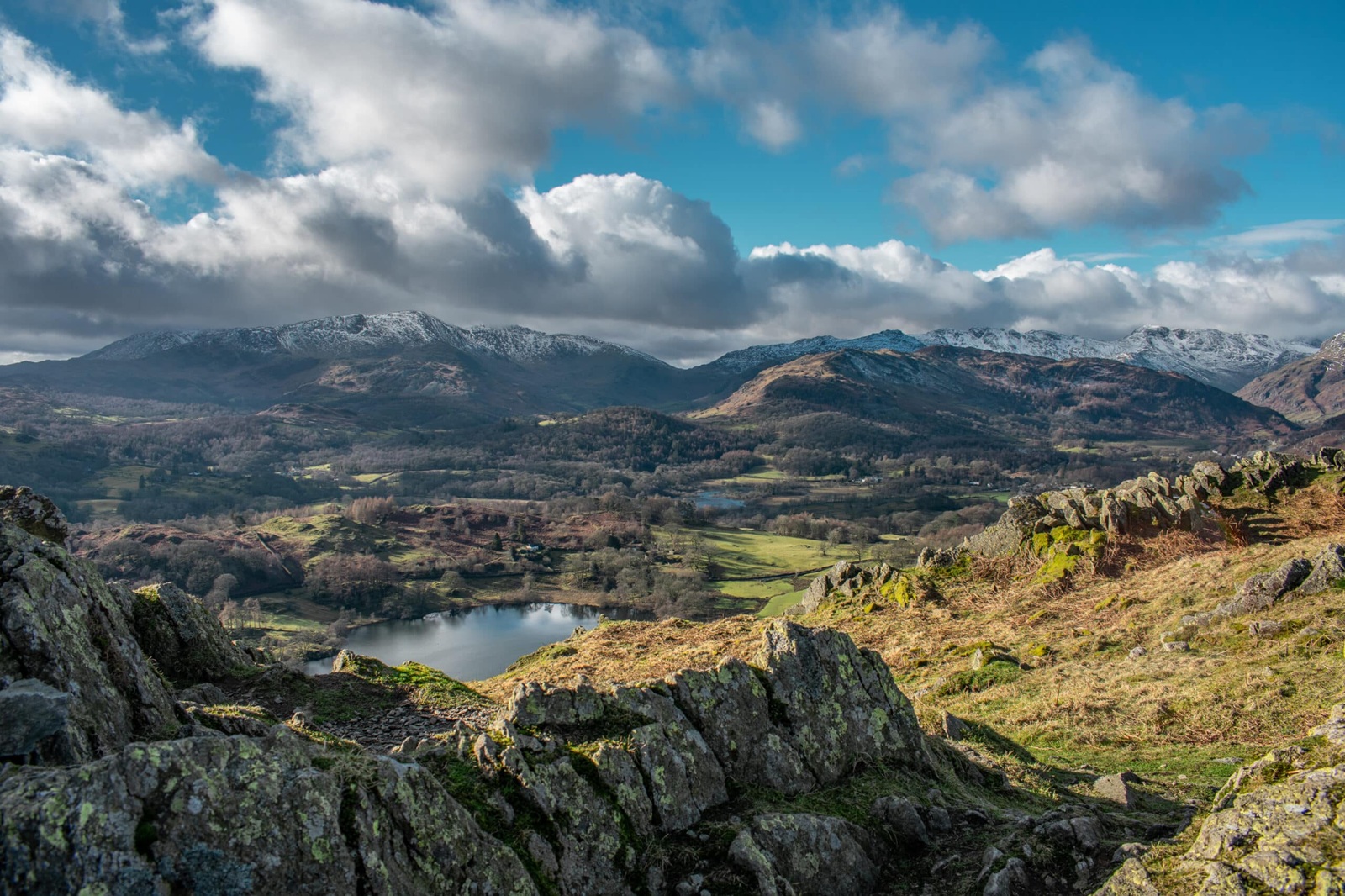 Rocky landscape and mountain scenery under a clear sky on the Loughrigg Fell